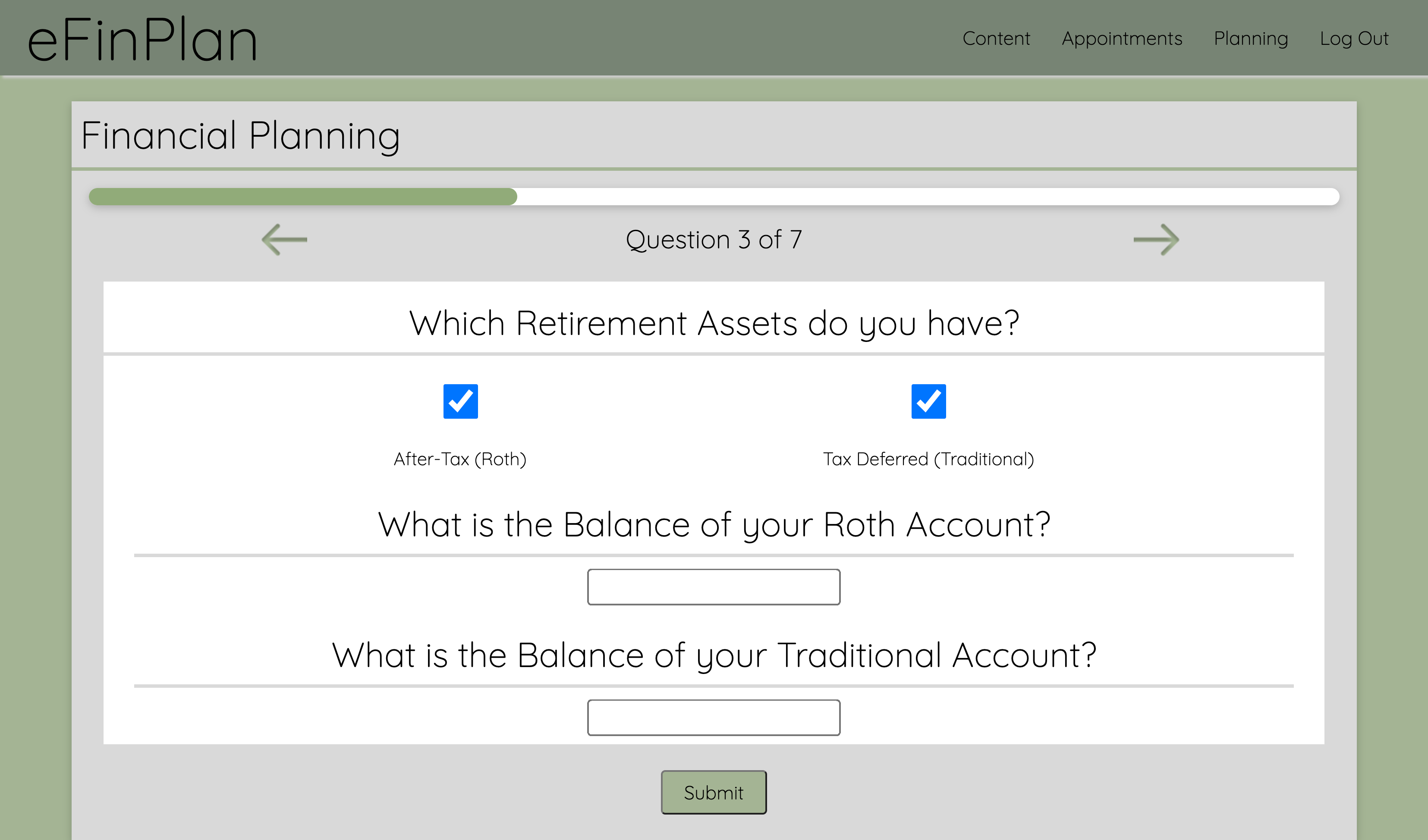 A webpage that shows a financial planning quiz