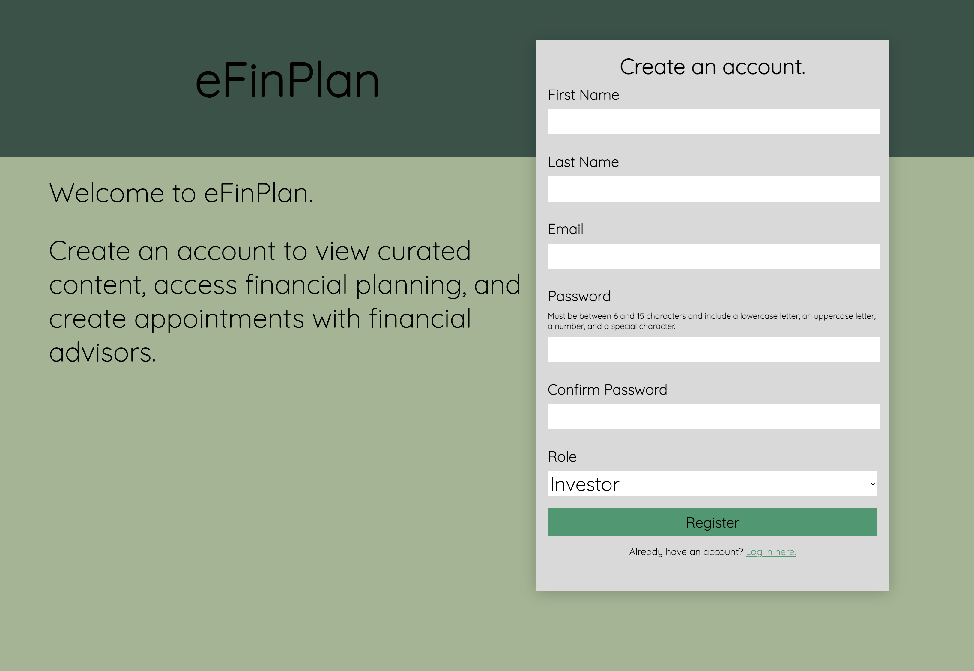 A webpage that shows a sign up/register page